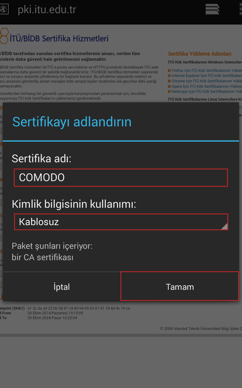 android sertifika yukleme guvenli baglantilar